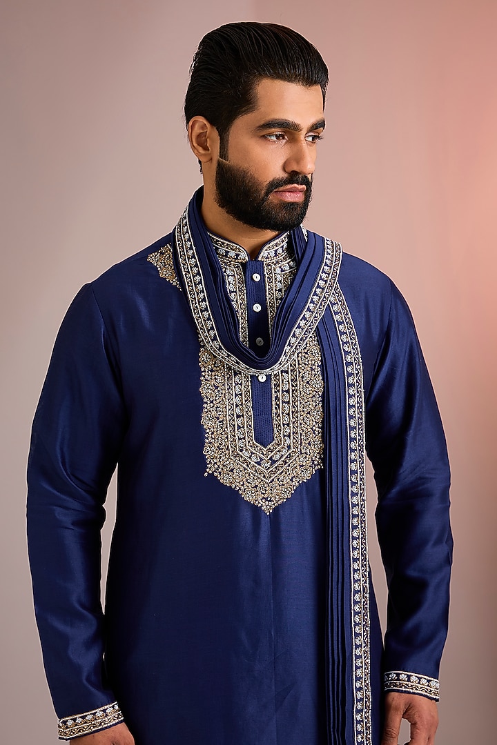 Navy Silk Kurta Set by SAMMOHAN at Pernia's Pop Up Shop