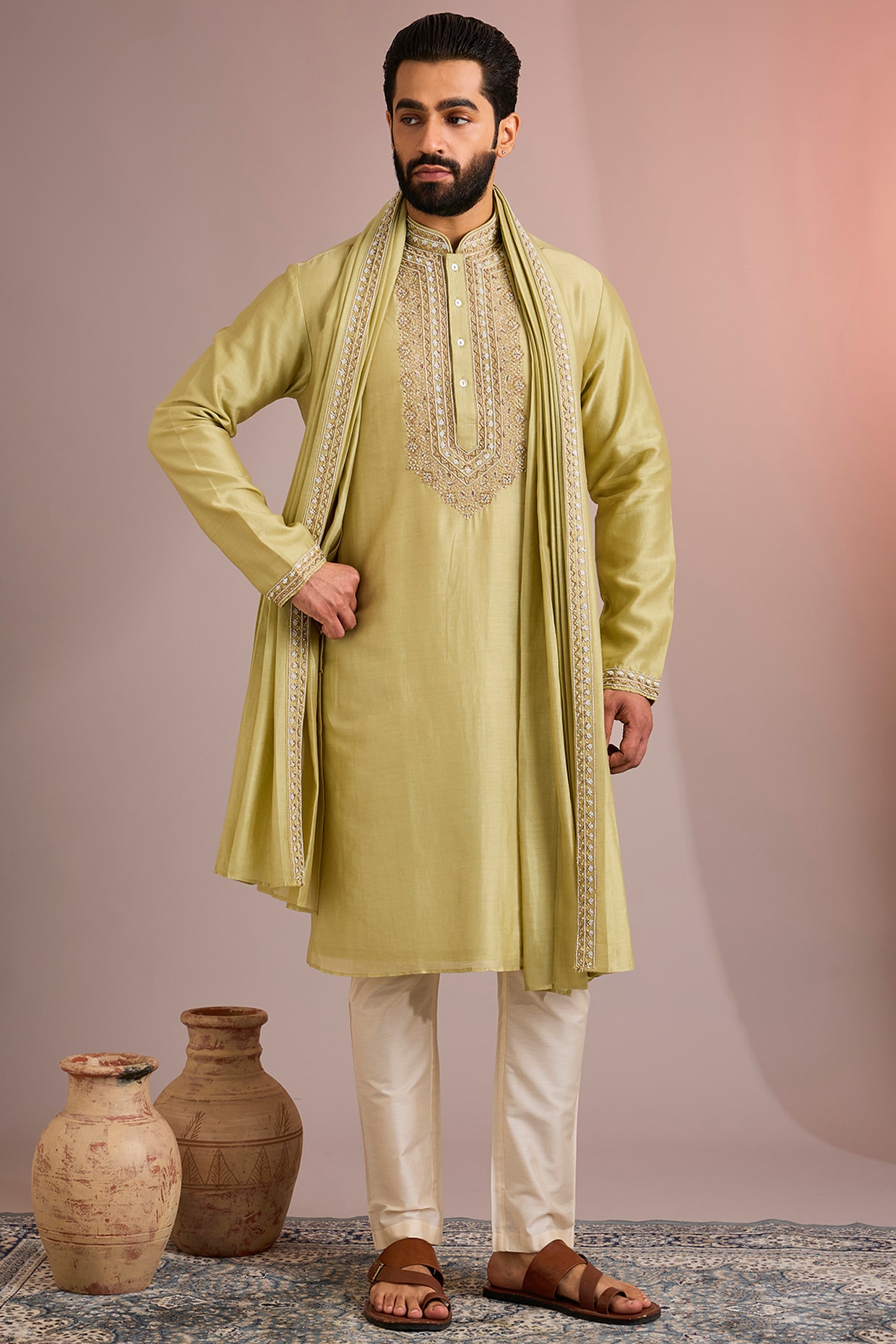 SAMMOHAN Light Green Silk Kurta Set
