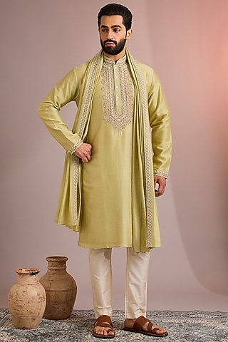 Light Green Silk Kurta Set by SAMMOHAN