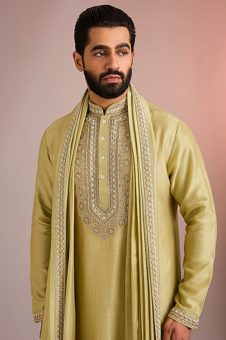 Light Green Silk Kurta Set by SAMMOHAN at Pernia's Pop Up Shop