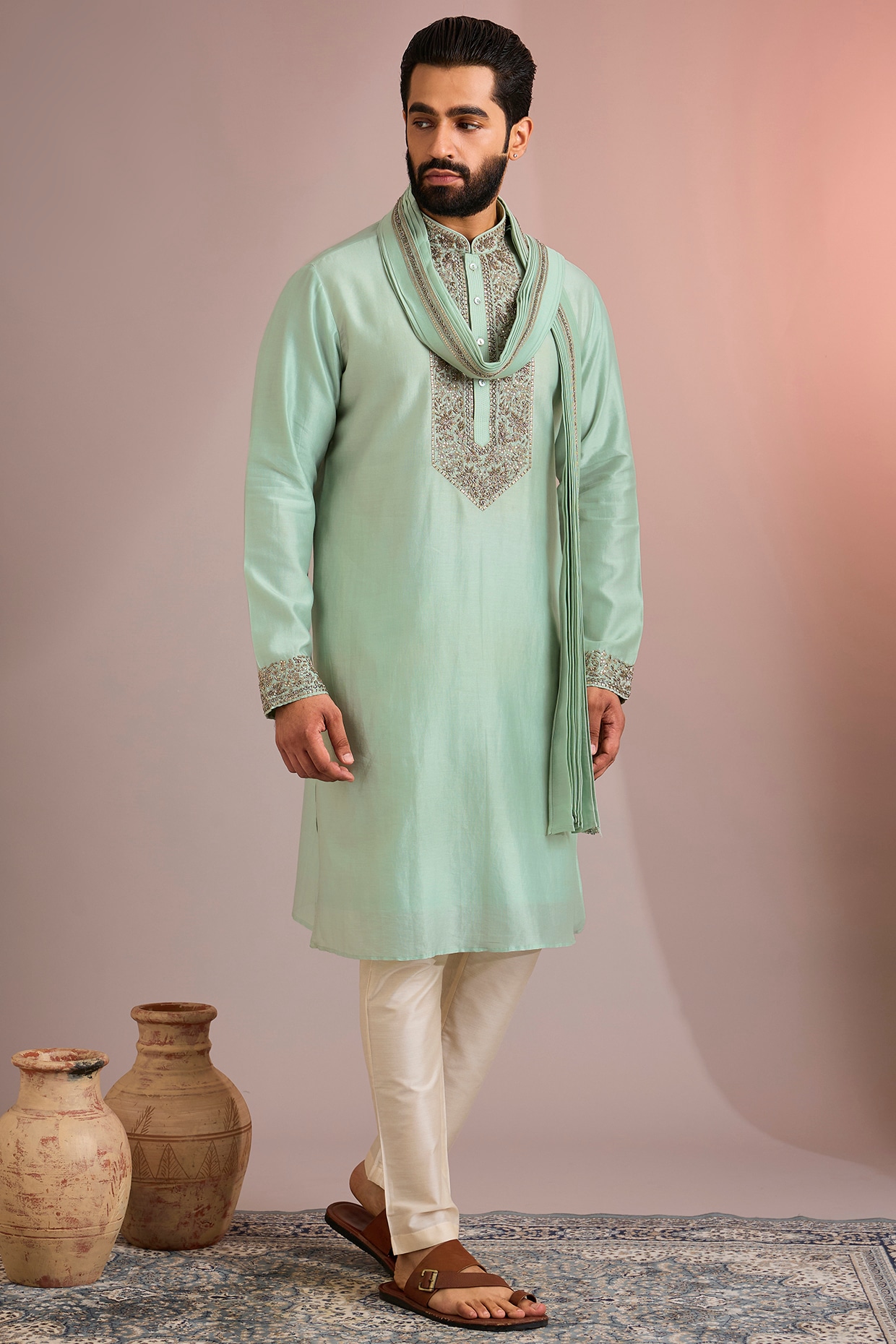 SAMMOHAN Mint Silk Kurta Set