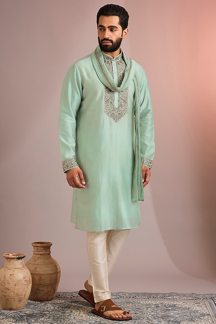 Mint Silk Kurta Set by SAMMOHAN at Pernia's Pop Up Shop