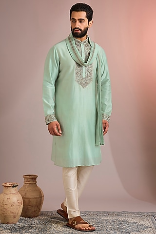 Mint Silk Kurta Set by SAMMOHAN