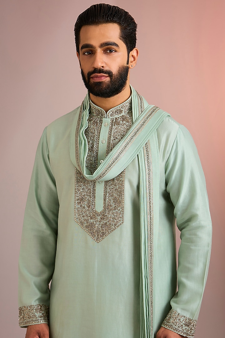 Mint Silk Kurta Set by SAMMOHAN at Pernia's Pop Up Shop