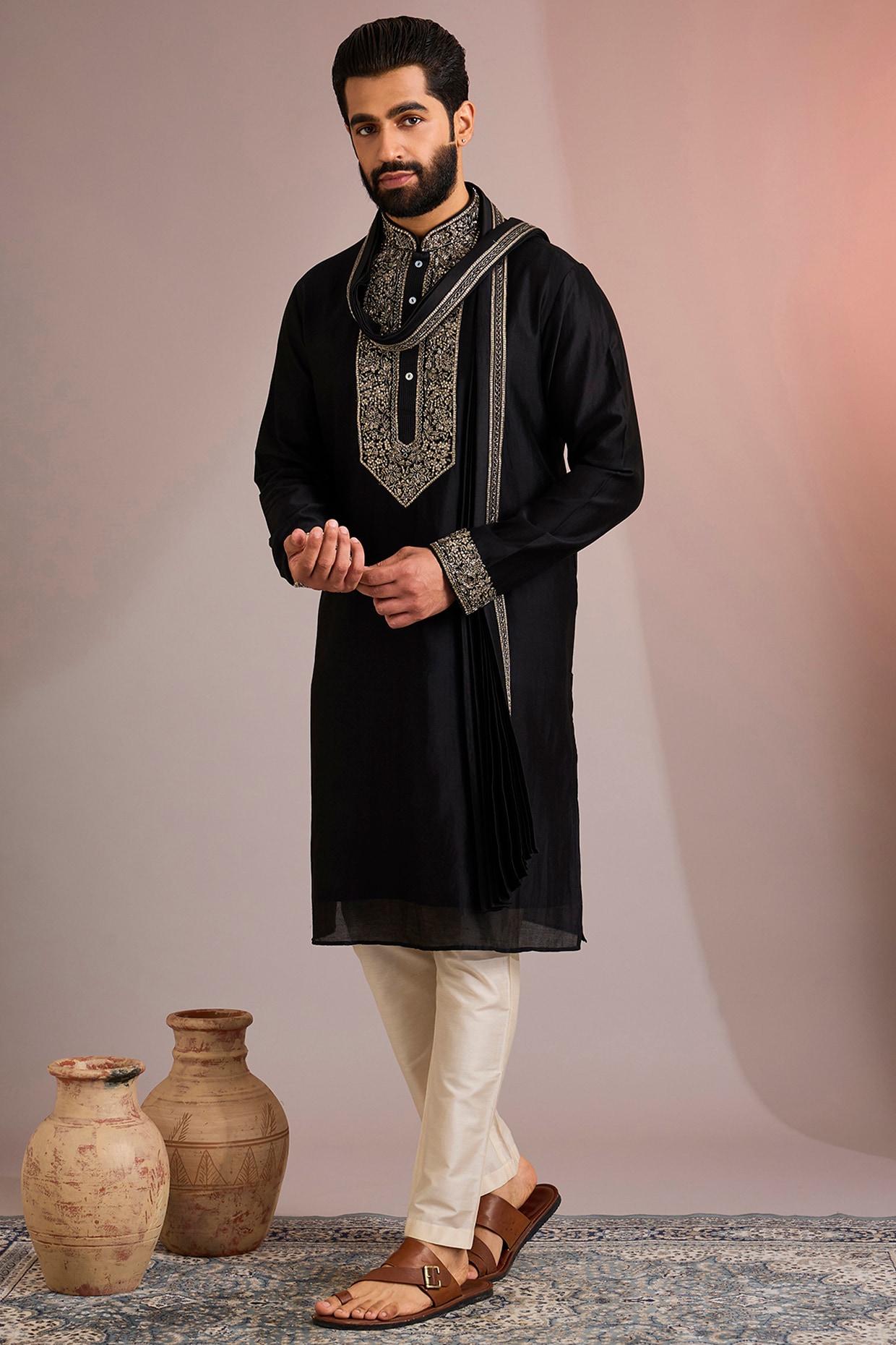 SAMMOHAN Black Silk Kurta Set