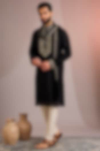 Black Silk Kurta Set by SAMMOHAN at Pernia's Pop Up Shop