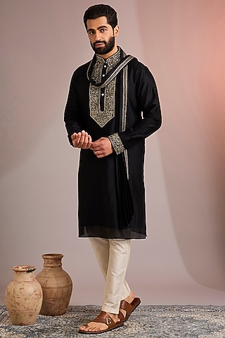 Black Silk Kurta Set by SAMMOHAN