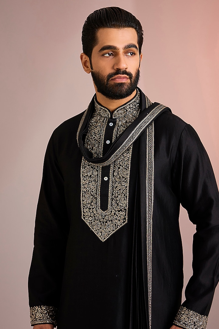 Black Silk Kurta Set by SAMMOHAN at Pernia's Pop Up Shop