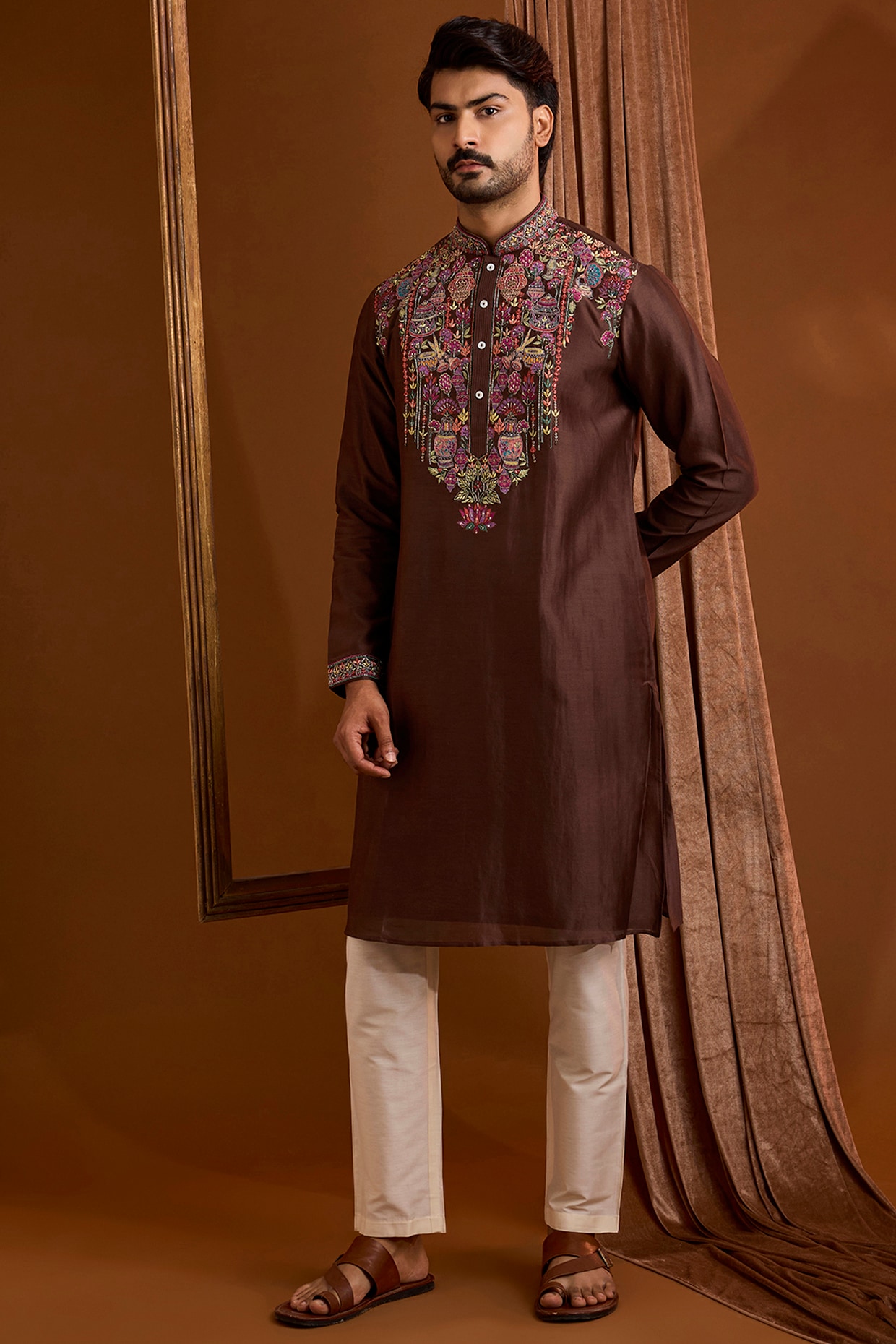 SAMMOHAN Brown Silk Kurta Set
