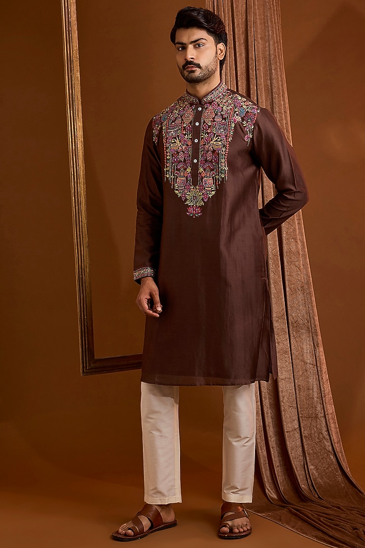 Brown Silk Kurta Set by SAMMOHAN at Pernia's Pop Up Shop