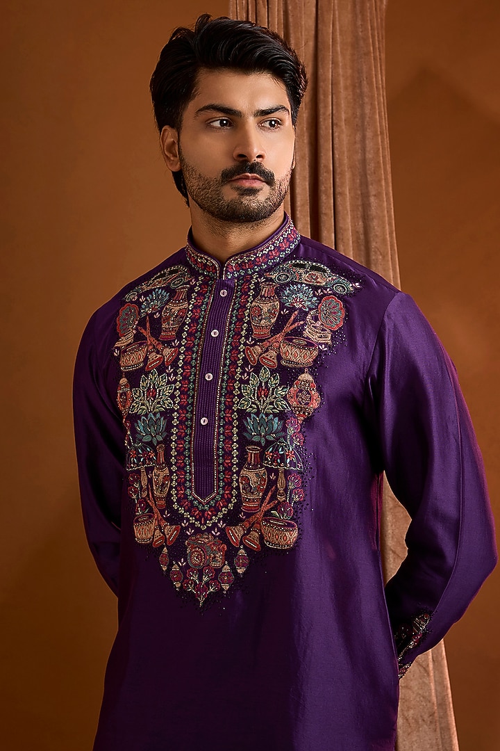 Purple Silk Kurta Set by SAMMOHAN at Pernia's Pop Up Shop