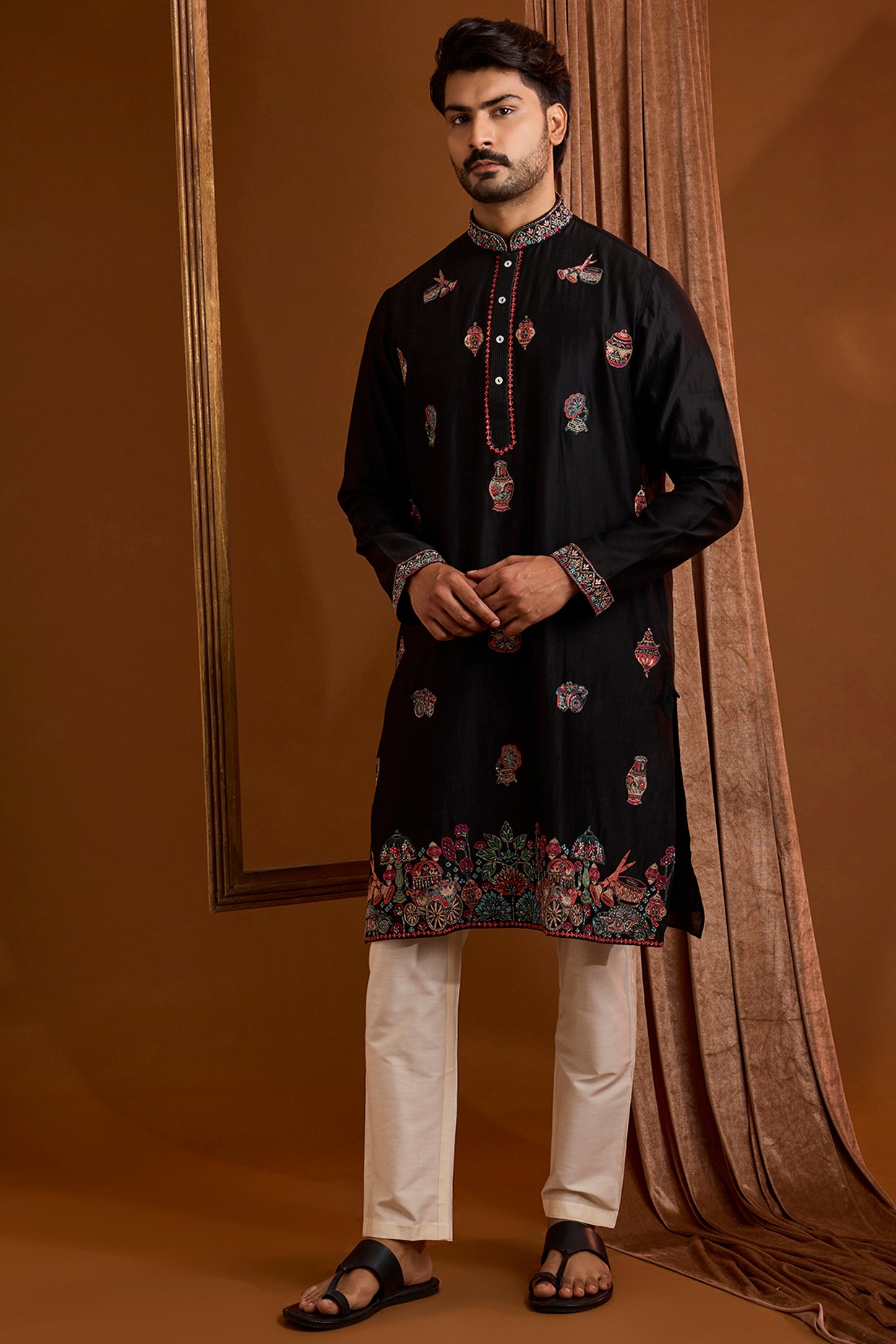 SAMMOHAN Black Silk Kurta Set
