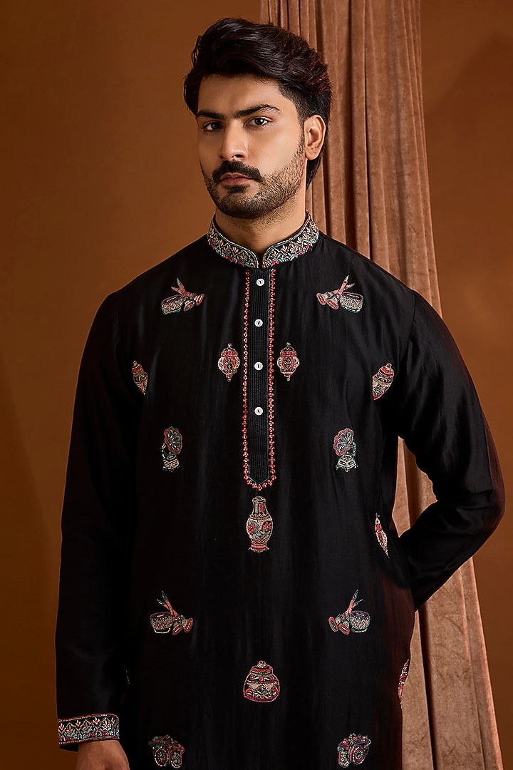 Black Silk Kurta Set by SAMMOHAN at Pernia's Pop Up Shop