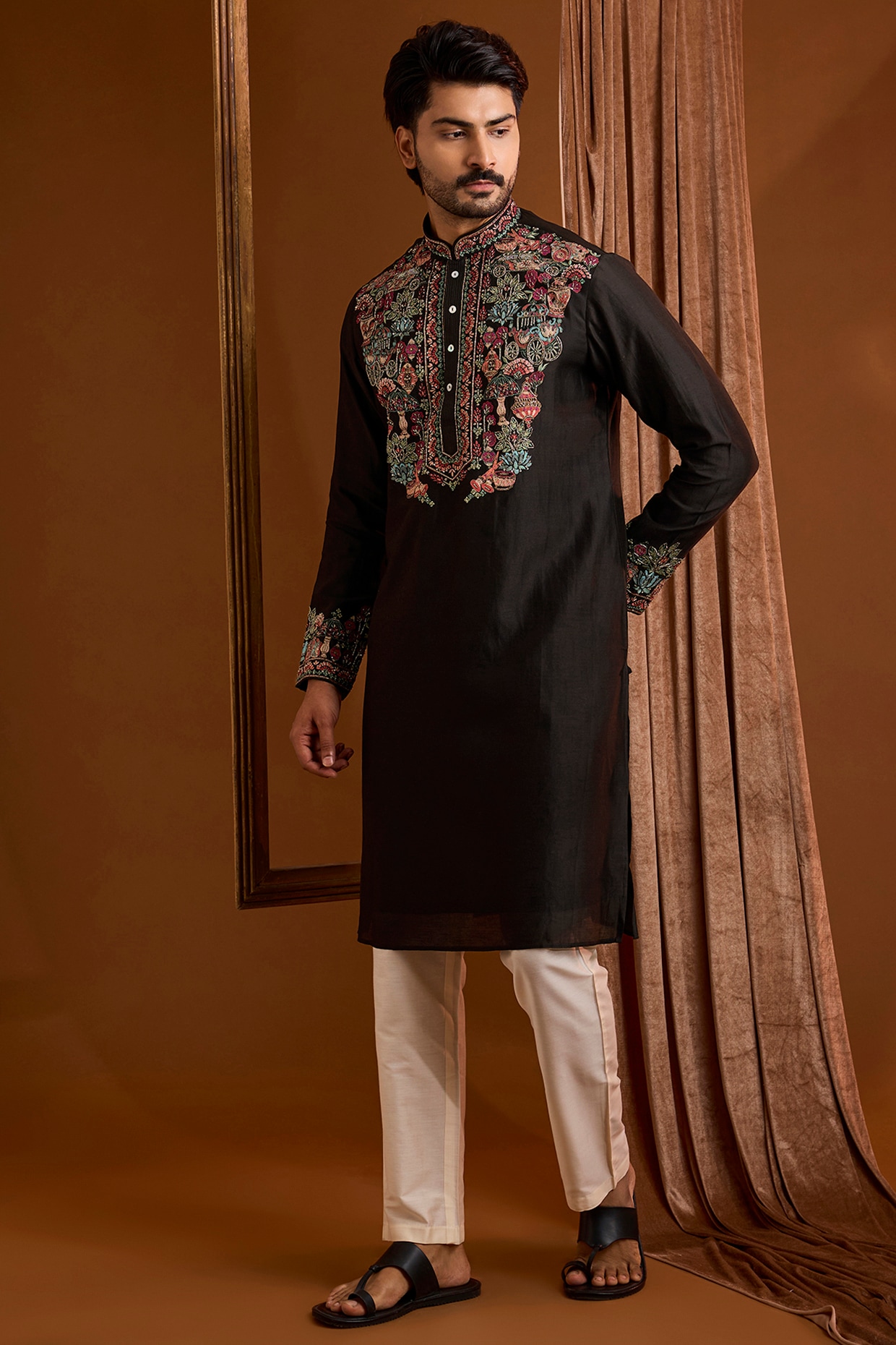 SAMMOHAN Black Silk Kurta Set