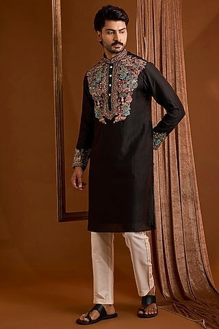 Black Silk Kurta Set by SAMMOHAN