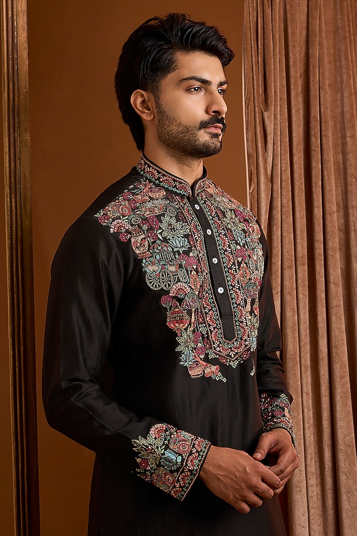 Black Silk Kurta Set by SAMMOHAN at Pernia's Pop Up Shop