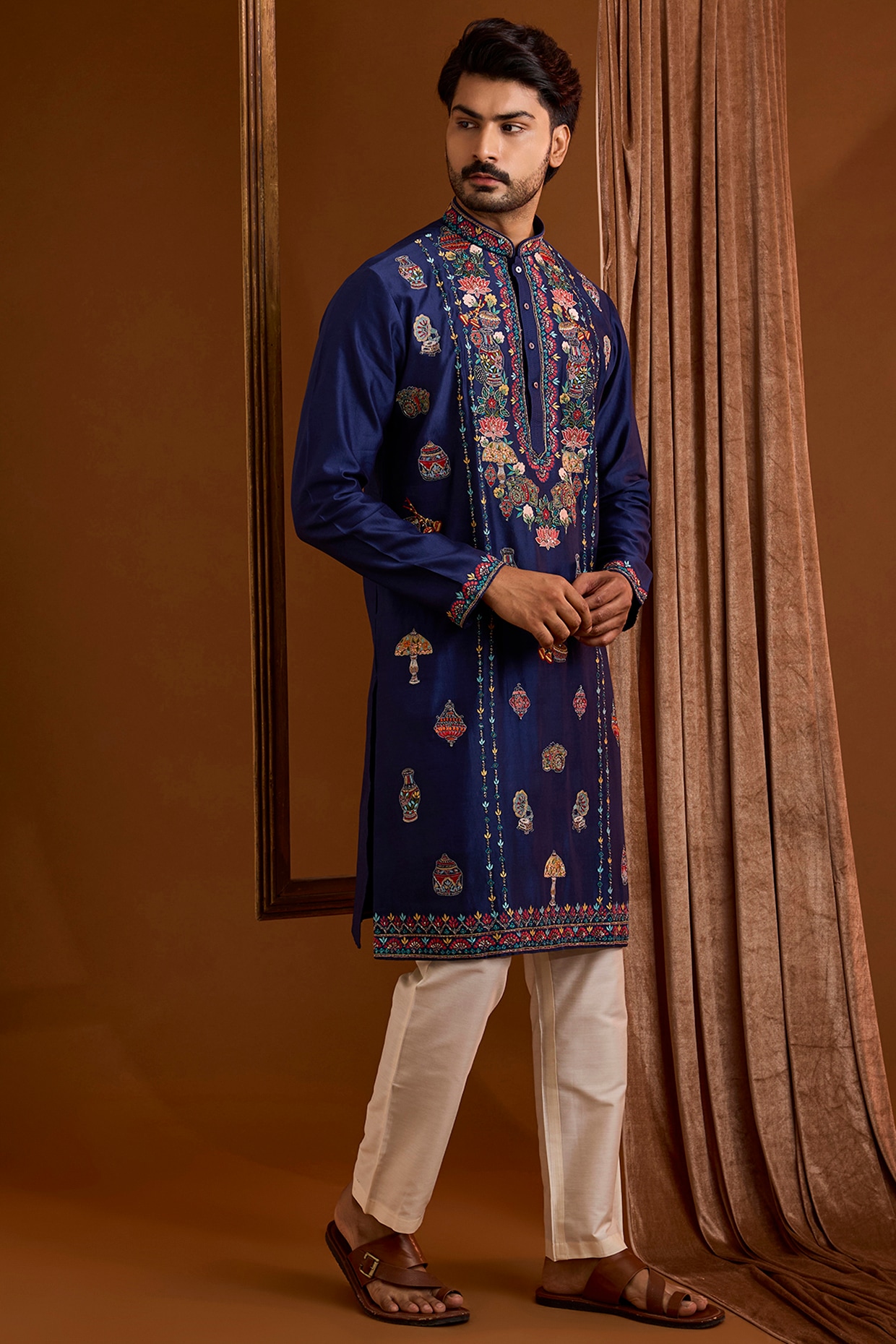 SAMMOHAN Navy Silk Kurta Set