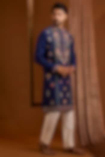 Navy Silk Kurta Set by SAMMOHAN at Pernia's Pop Up Shop