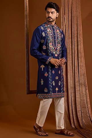 Navy Silk Kurta Set by SAMMOHAN