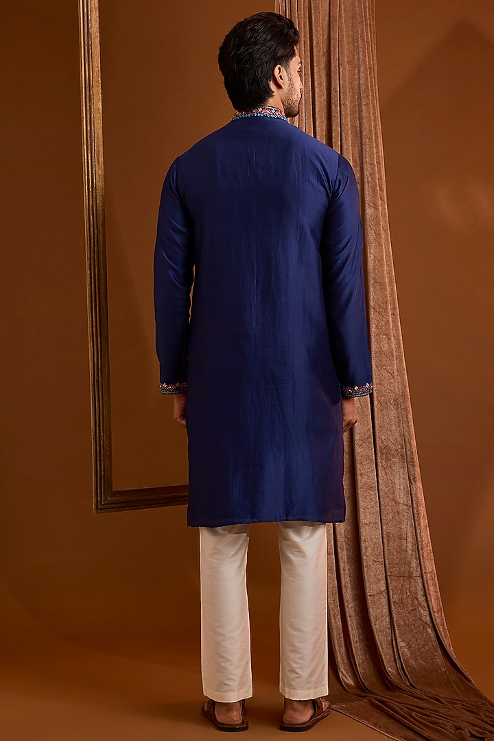 Navy Silk Kurta Set by SAMMOHAN at Pernia's Pop Up Shop