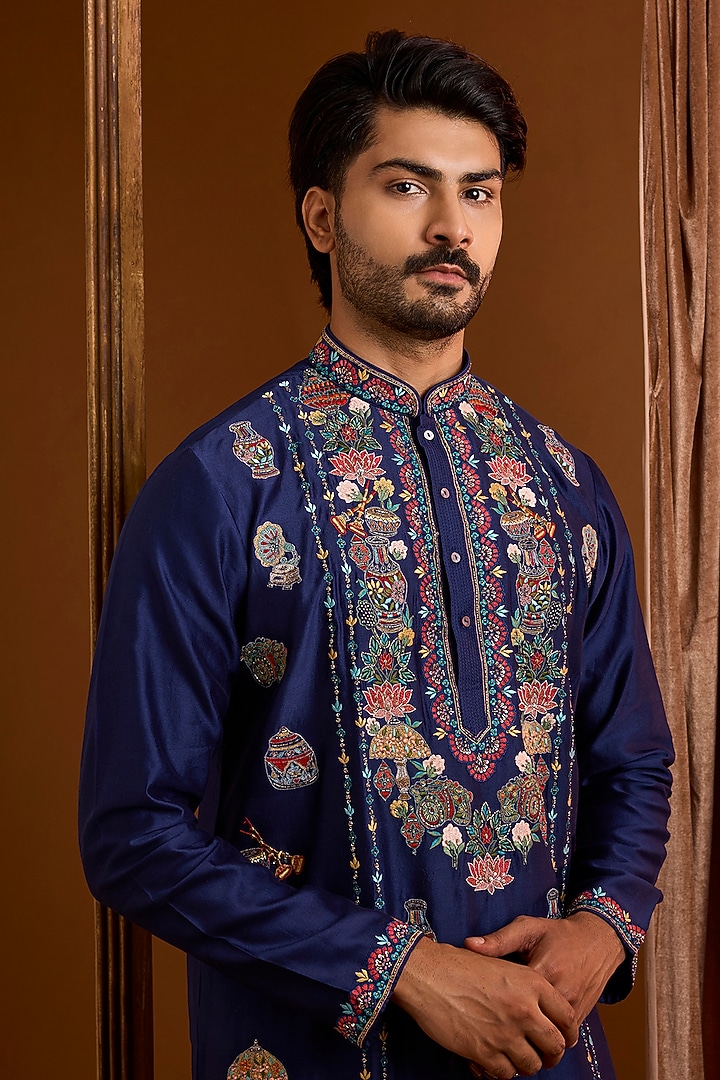 Navy Silk Kurta Set by SAMMOHAN at Pernia's Pop Up Shop