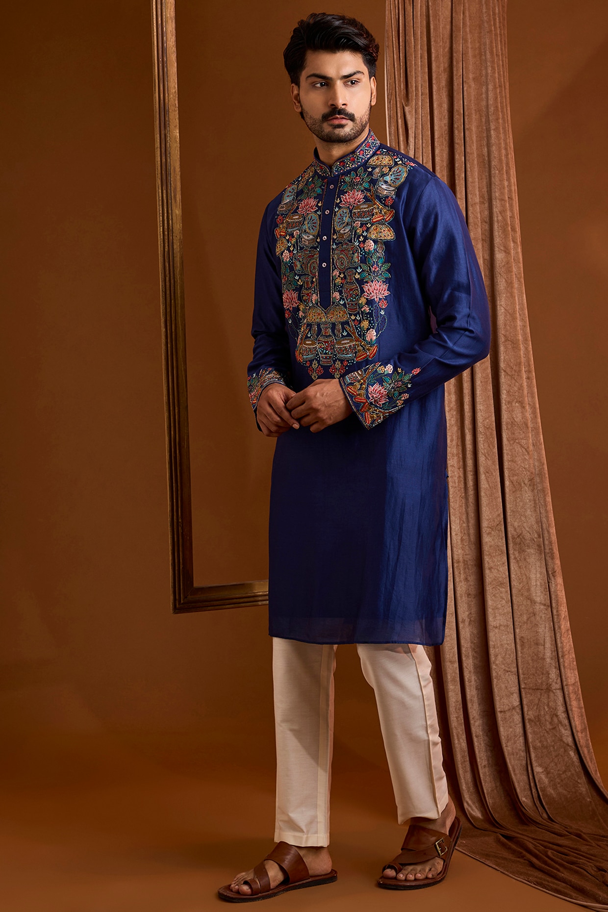 SAMMOHAN Navy Silk Kurta Set