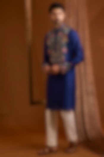 Navy Silk Kurta Set by SAMMOHAN at Pernia's Pop Up Shop
