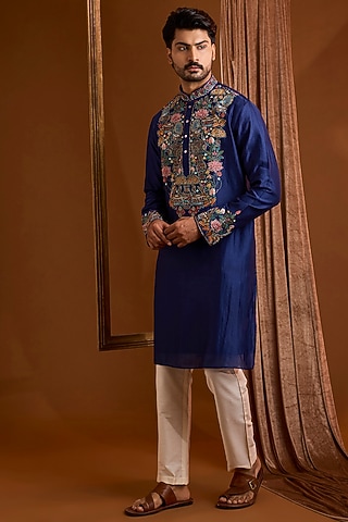 Navy Silk Kurta Set by SAMMOHAN