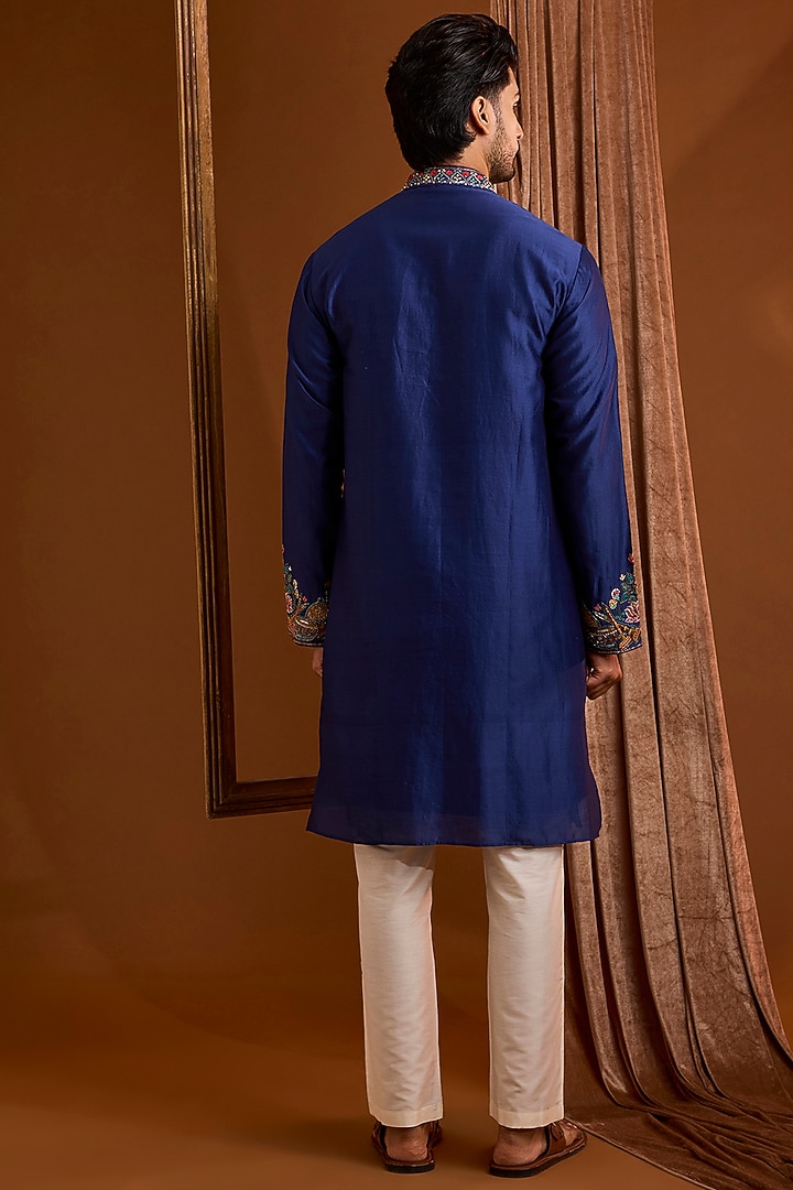 Navy Silk Kurta Set by SAMMOHAN at Pernia's Pop Up Shop