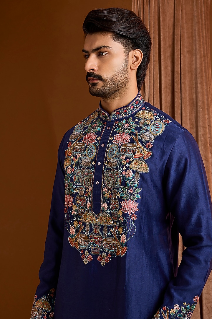 Navy Silk Kurta Set by SAMMOHAN at Pernia's Pop Up Shop