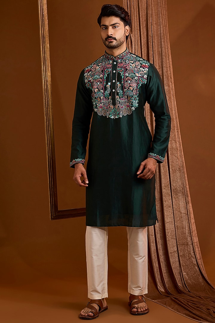Emerald Green Silk Kurta Set by SAMMOHAN at Pernia's Pop Up Shop