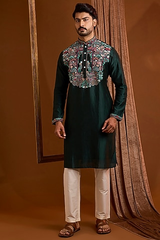 Emerald Green Silk Kurta Set by SAMMOHAN