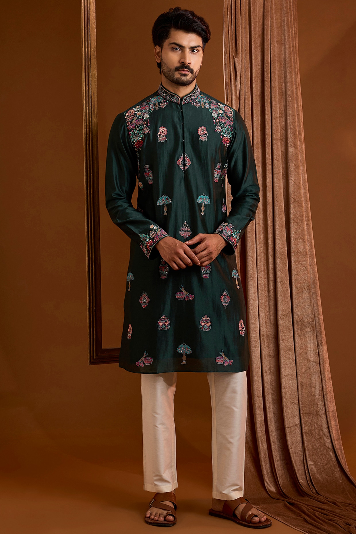 SAMMOHAN Emerald Green Silk Kurta Set