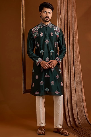 Emerald Green Silk Kurta Set by SAMMOHAN