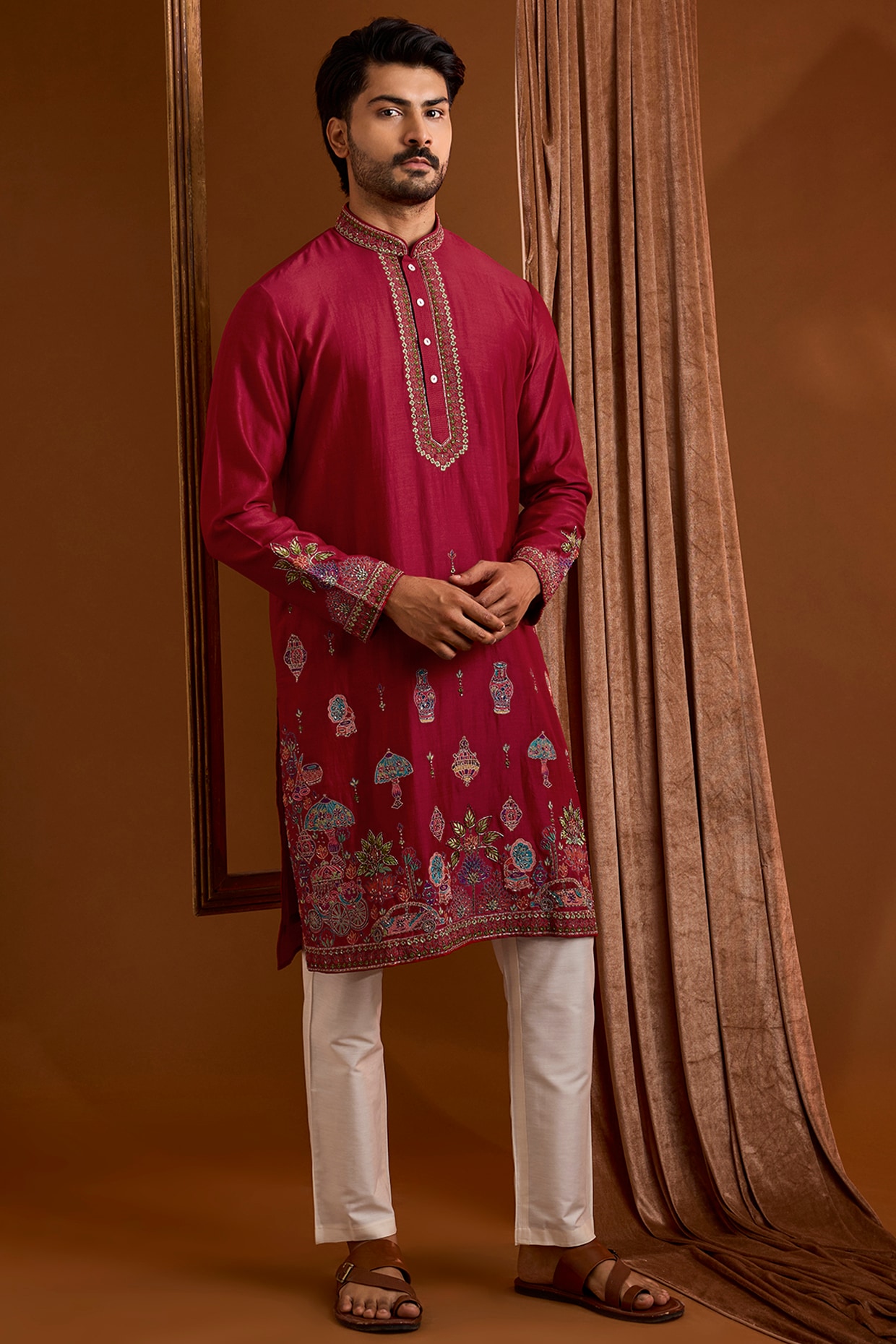 SAMMOHAN Red Silk Kurta Set