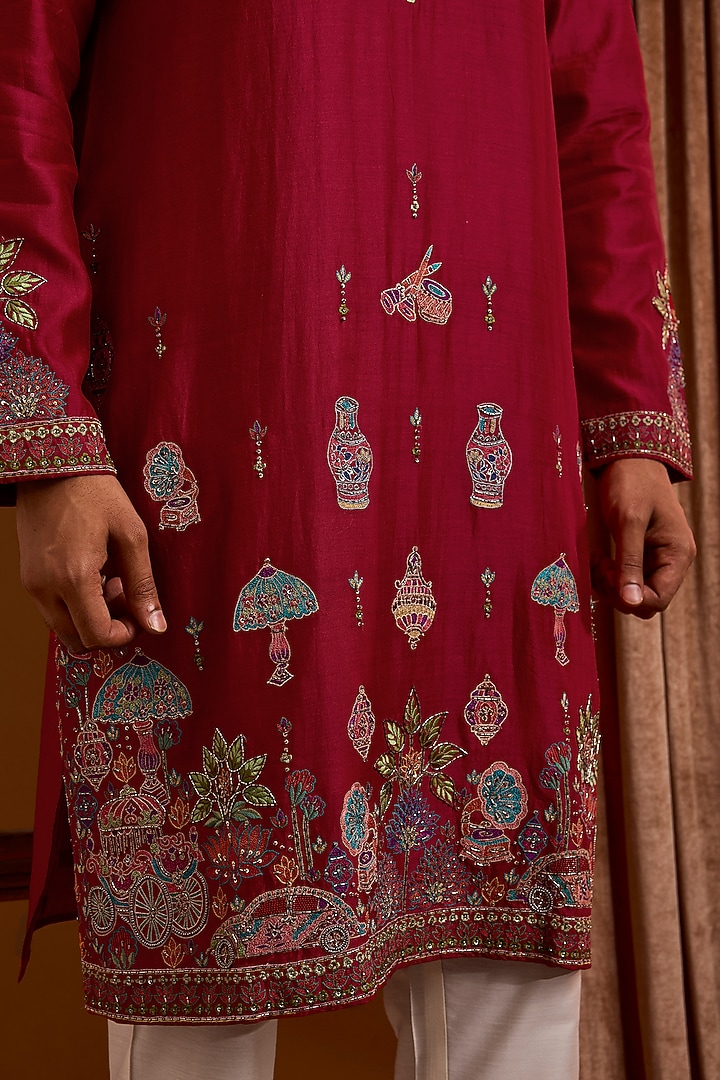 Red Silk Kurta Set by SAMMOHAN at Pernia's Pop Up Shop