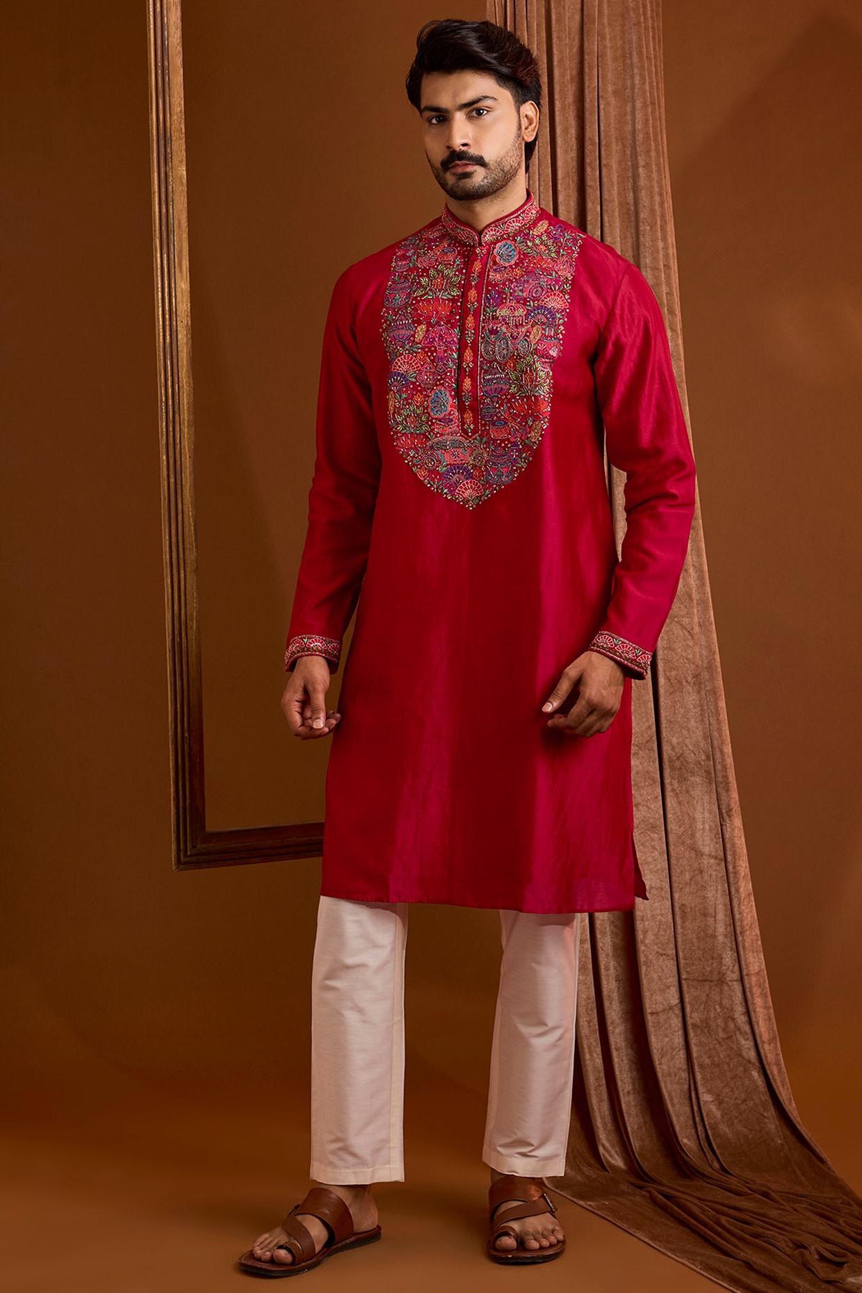 SAMMOHAN Red Silk Kurta Set