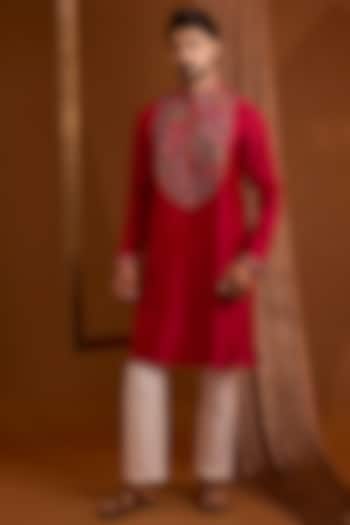 Red Silk Kurta Set by SAMMOHAN at Pernia's Pop Up Shop