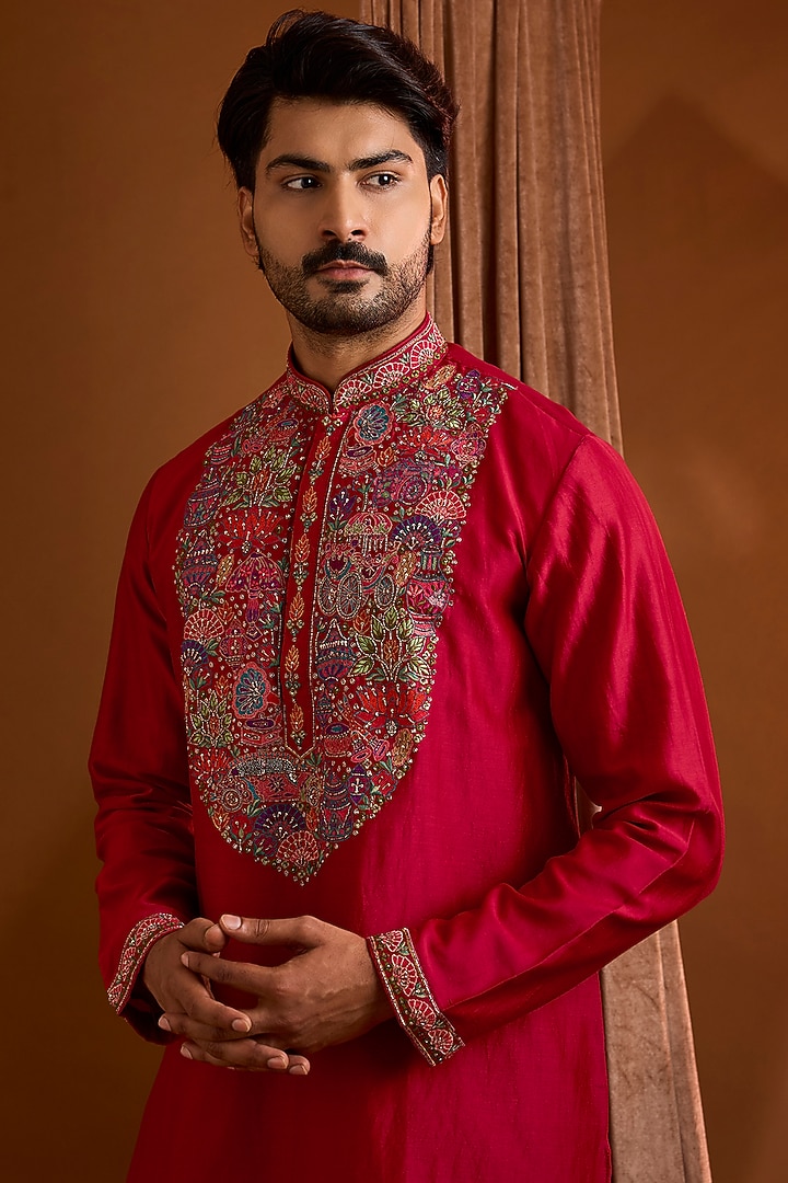 Red Silk Kurta Set by SAMMOHAN at Pernia's Pop Up Shop
