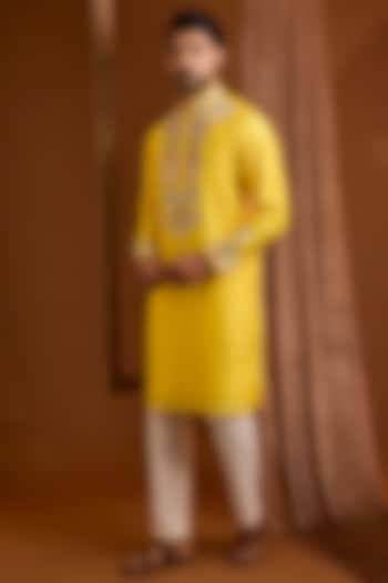Yellow Silk Kurta Set by SAMMOHAN at Pernia's Pop Up Shop