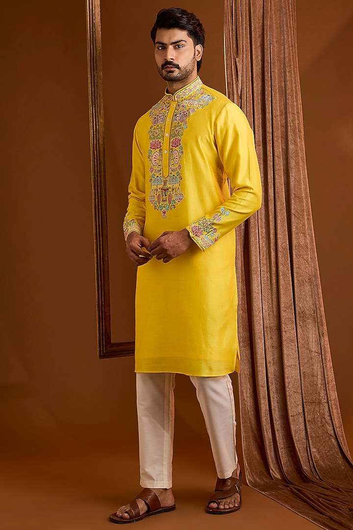 Yellow Silk Kurta Set by SAMMOHAN at Pernia's Pop Up Shop