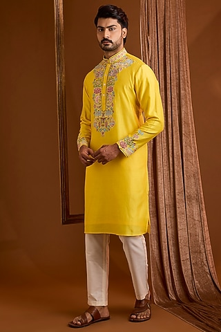 Yellow Silk Kurta Set by SAMMOHAN