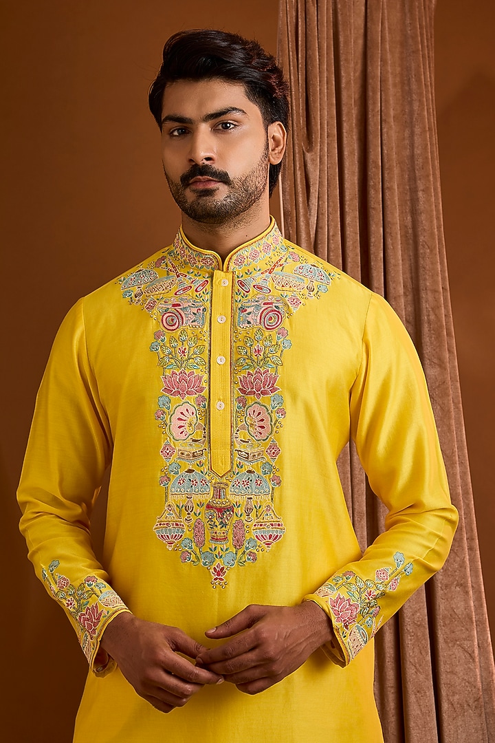 Yellow Silk Kurta Set by SAMMOHAN at Pernia's Pop Up Shop