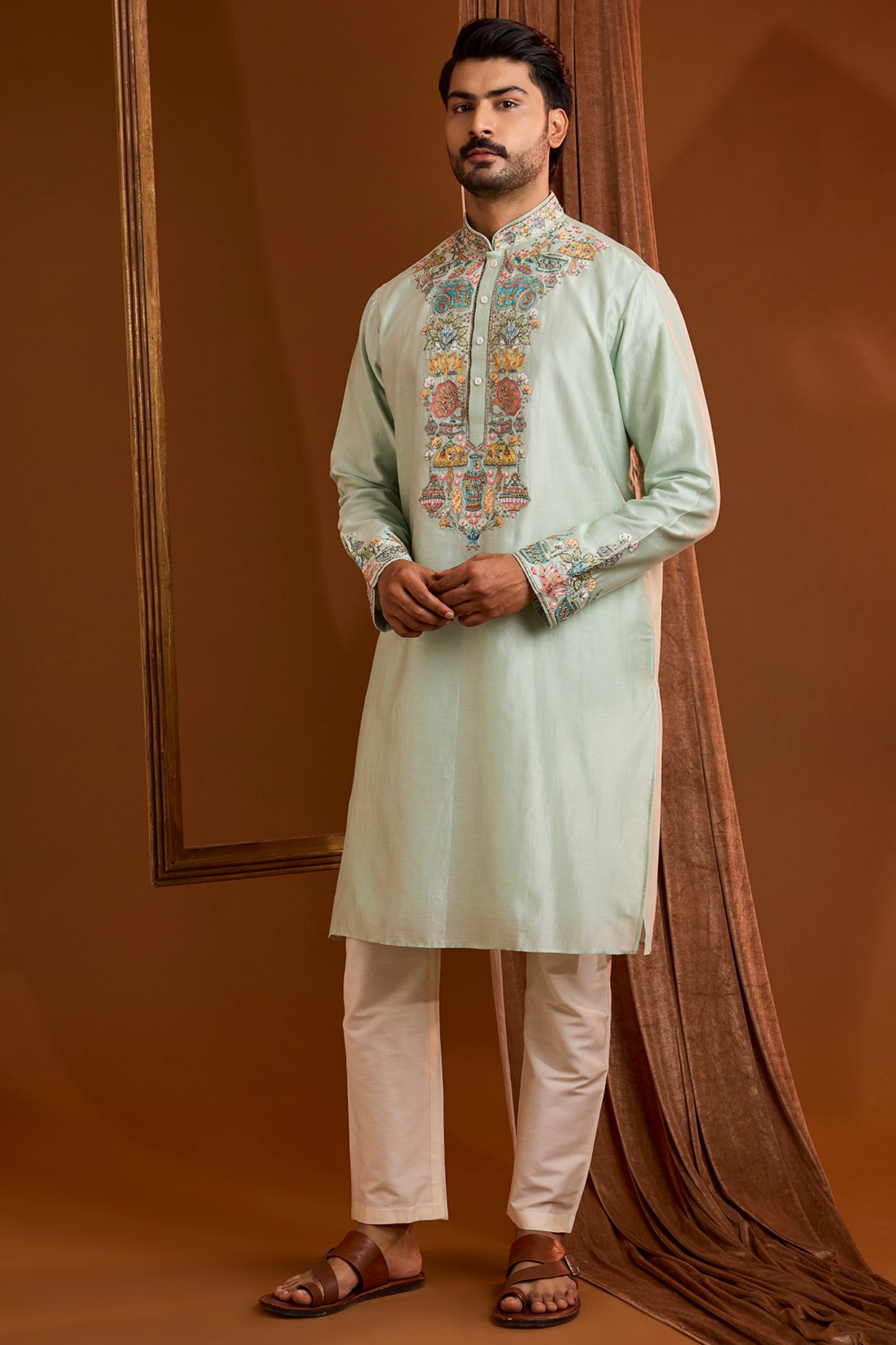 SAMMOHAN Mint Silk Kurta Set