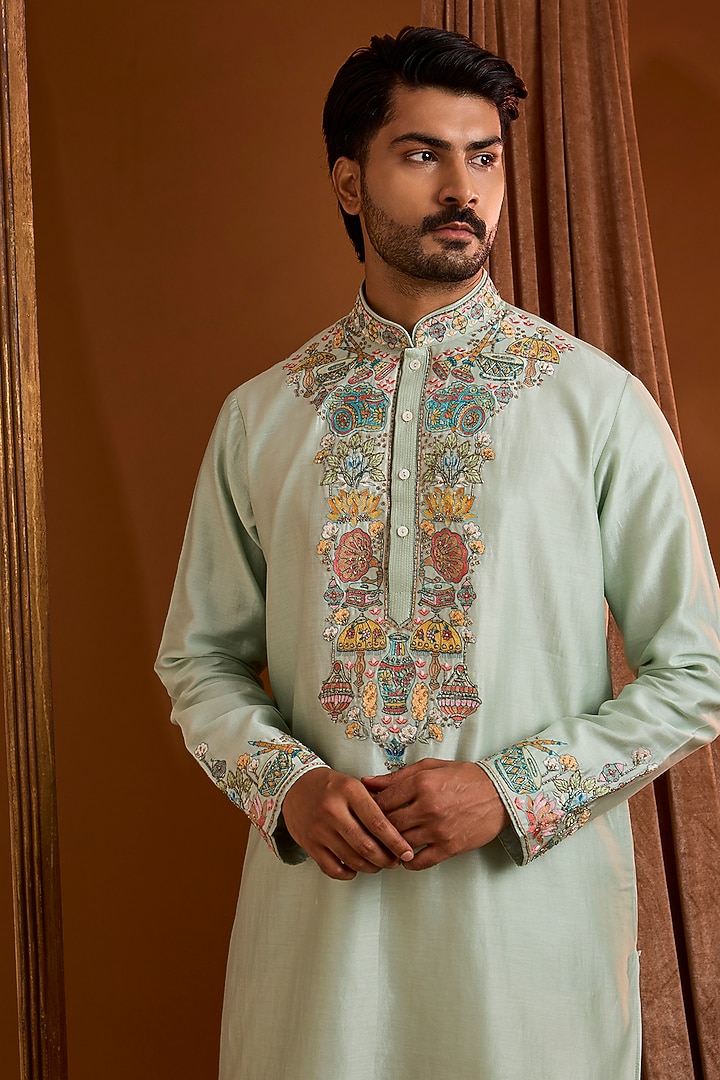 Mint Silk Kurta Set by SAMMOHAN at Pernia's Pop Up Shop