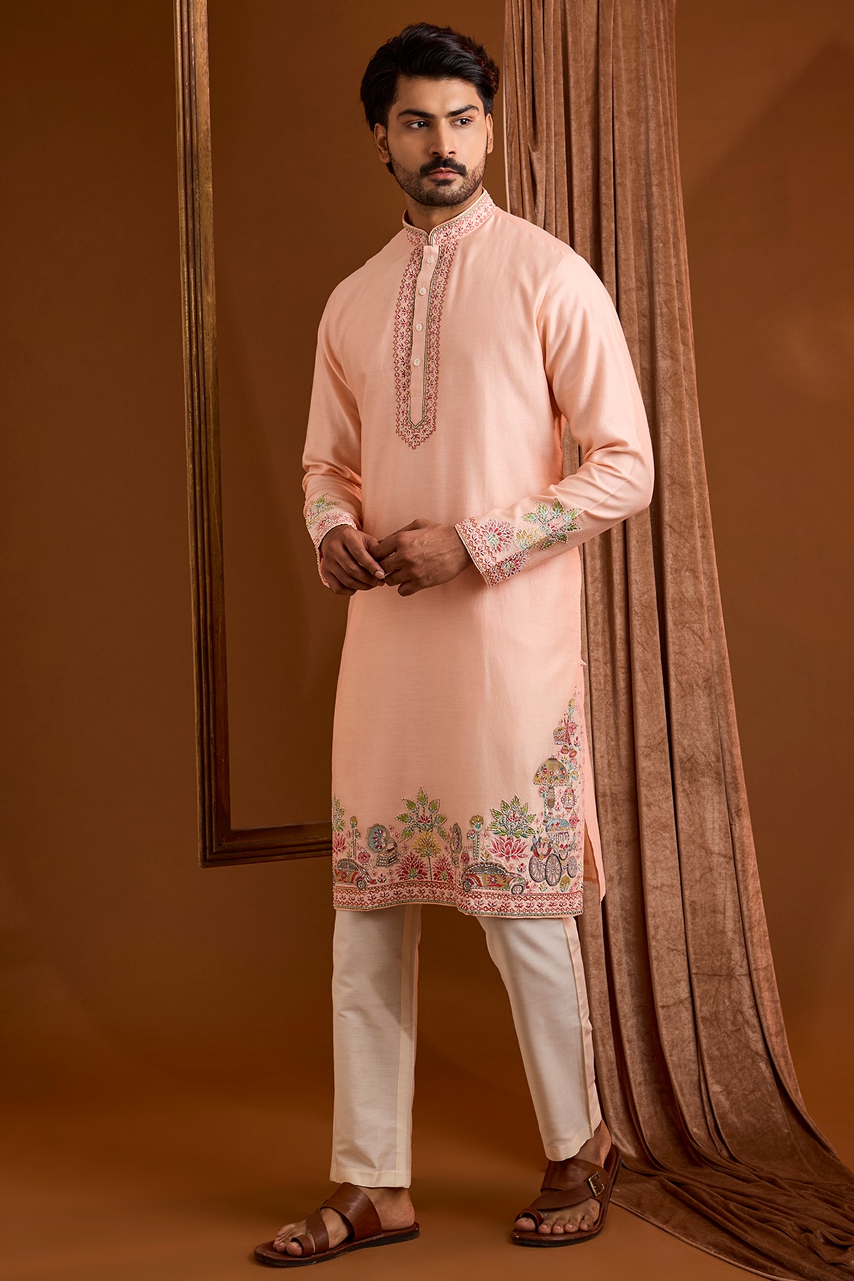 SAMMOHAN Peach Silk Kurta Set