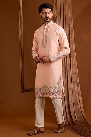 Peach Silk Kurta Set by SAMMOHAN