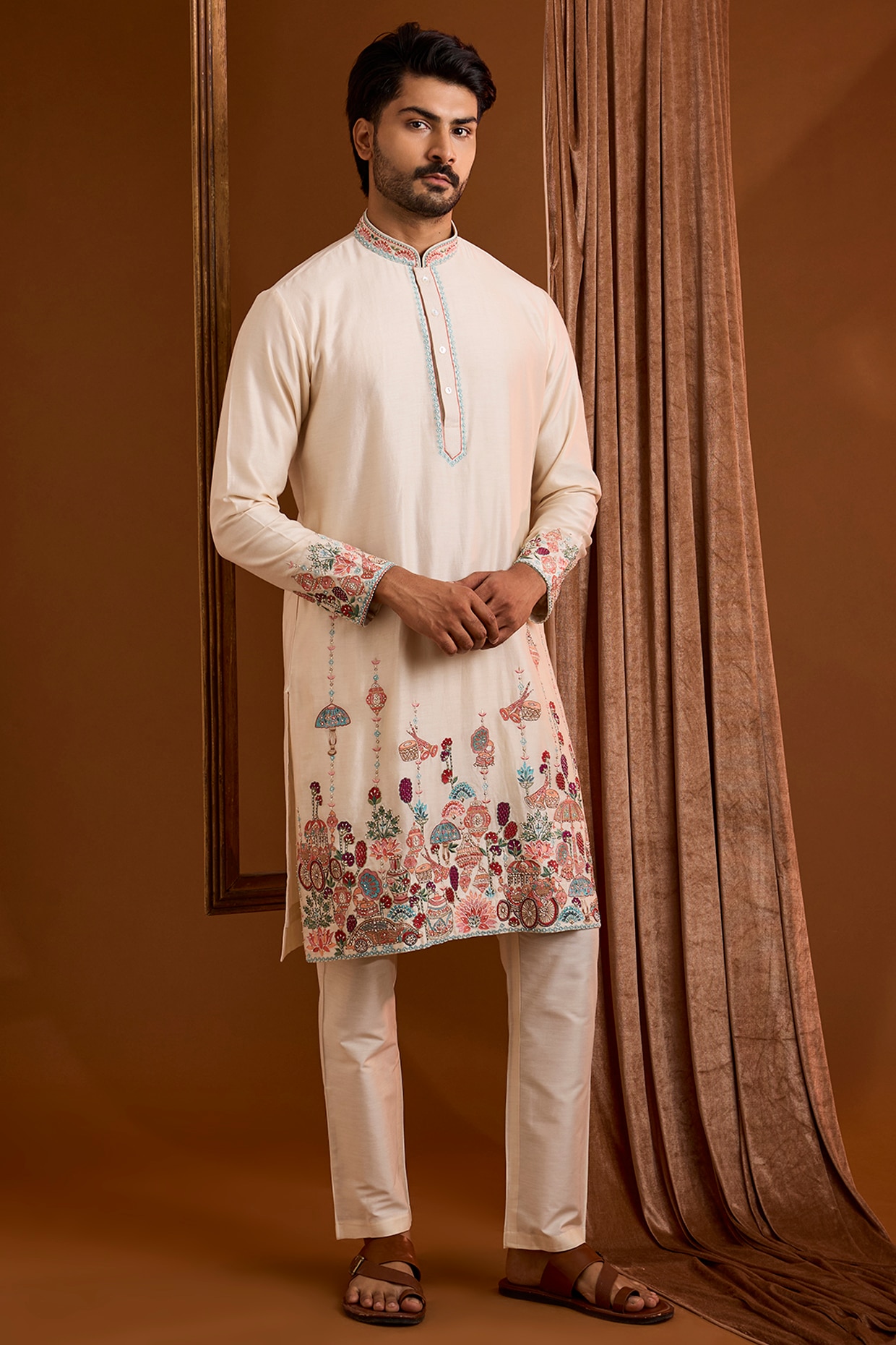 SAMMOHAN Beige Silk Kurta Set