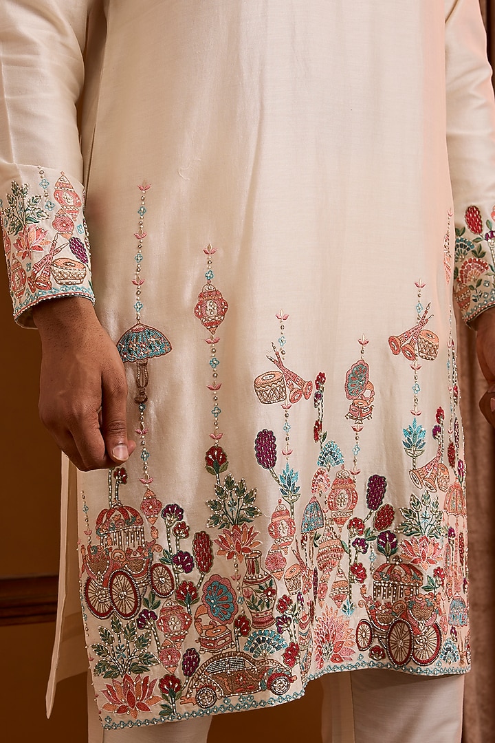 Beige Silk Kurta Set by SAMMOHAN at Pernia's Pop Up Shop