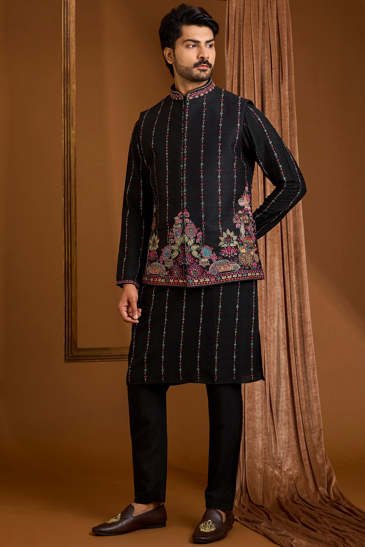 SAMMOHAN Jet Black Silk Nehru Jacket Set
